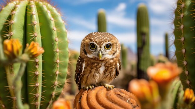 Foto un pequeño búho elfo posado en el hueco de un cactus saguaro