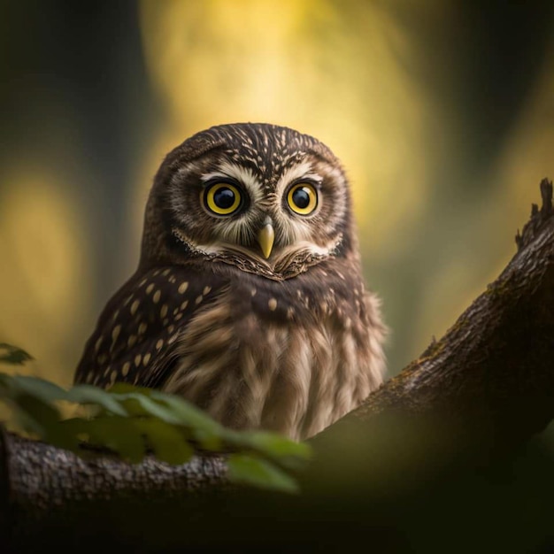 Un pequeño búho con ojos amarillos se sienta en una rama.