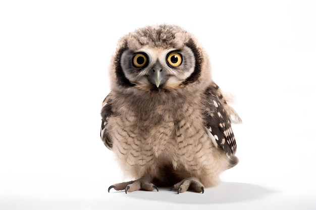 Un pequeño búho con ojos amarillos se sienta sobre un fondo blanco.