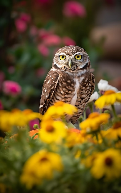 Un pequeño búho se sienta entre las flores de un jardín.