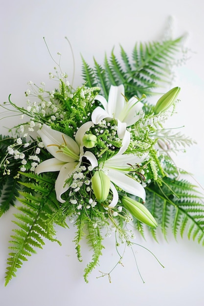 Foto pequeno buquê com flores verdes e brancas em fundo branco