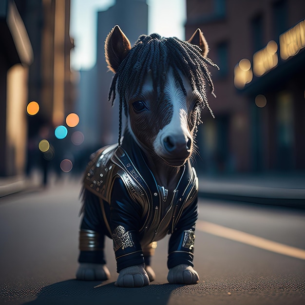 Un pequeño caballo disfrazado está parado en la calle.