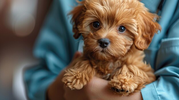 Foto pequeno cachorrinho castanho com pelagem macia segurado por uma pessoa de roupa turquesa dia veterinário