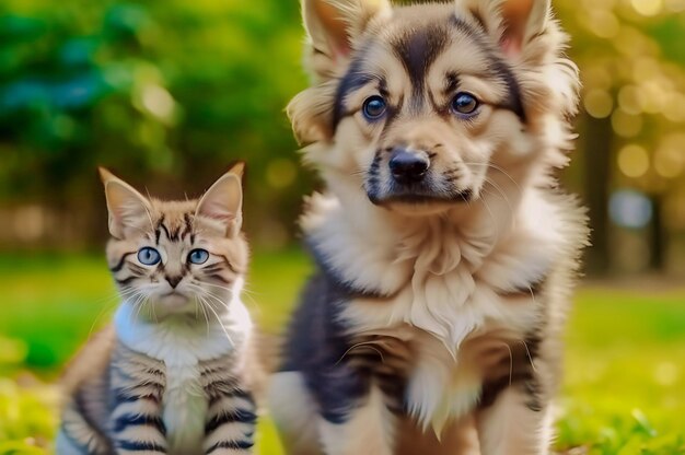 Un pequeño cachorro y un gatito están sentados en la hierba verde y mirando a la cámara