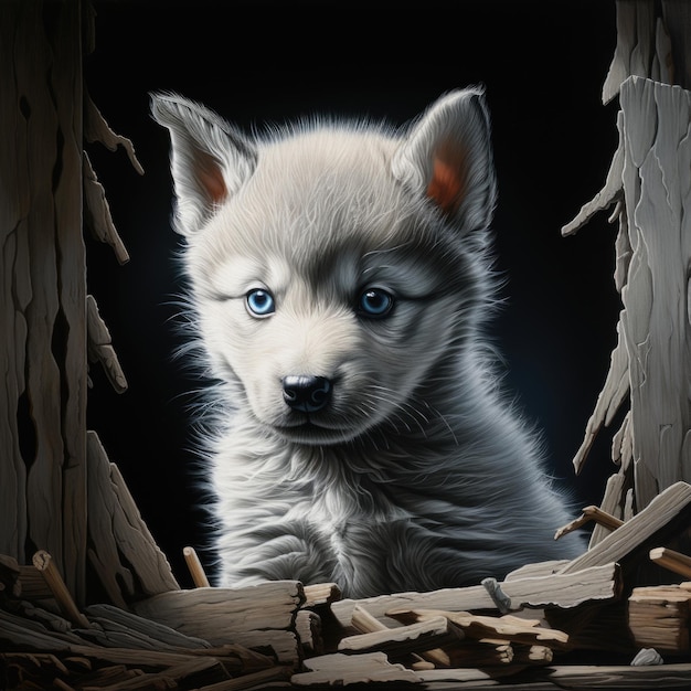 Foto pequeño cachorro de lobo con ojos azules ilustración fotorrealista en color generada por la ia