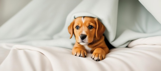 Un pequeño cachorro marrón se asoma por debajo de las sábanas de la cama IA generativa