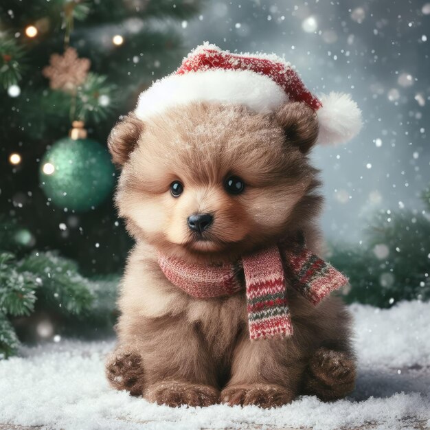 Foto un pequeño cachorro de oso peludo está sentado cerca de un árbol de navidad verde