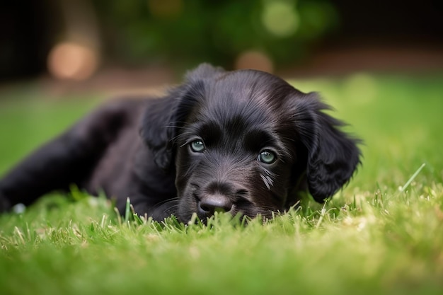 Un pequeño cachorro de perro negro yace en la hierba IA generativa