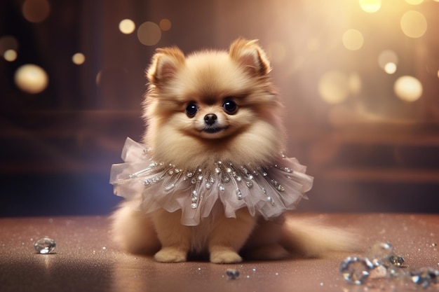 Un pequeño cachorro de Pomerania con un glamoroso vestido de noche 00543 01