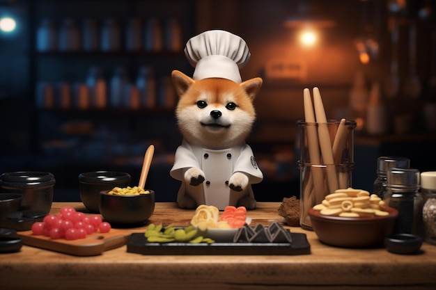 Un pequeño cachorro Shiba Inu disfrazado de chef de sushi con el ingenio 00547 01