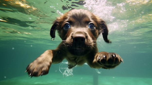 un pequeño cachorro sorprendido nadando bajo el agua Ai Generative