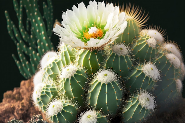 Pequeño cactus verde con flores y picos blancos