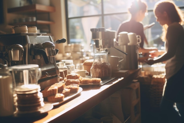 Pequeno café aconchegante cafeteria padaria empresa de negócios interior manhã ensolarada luz orgulhoso feliz