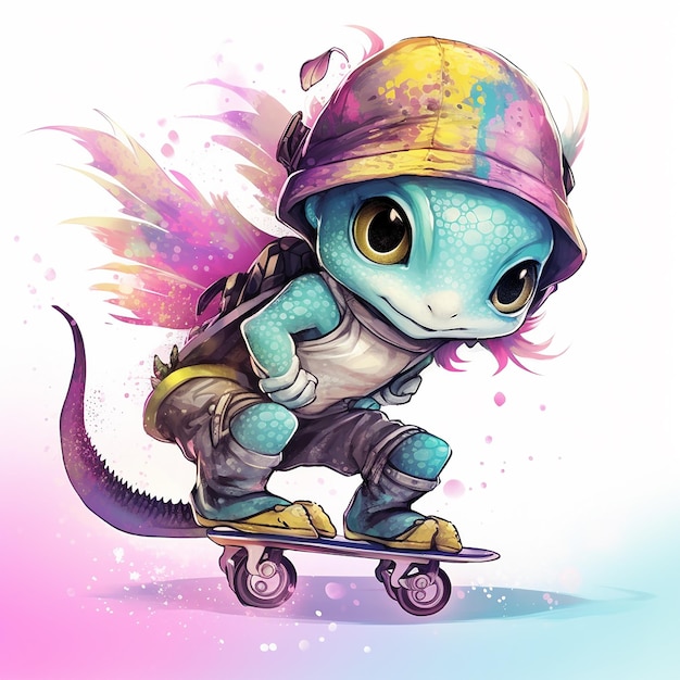 Pequeno camaleão no skate, personagem de desenho animado.