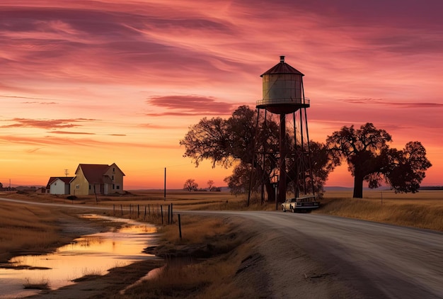 un pequeño camino rural con una torre de agua al atardecer