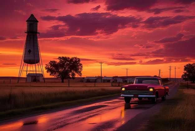 un pequeño camino rural con una torre de agua al atardecer