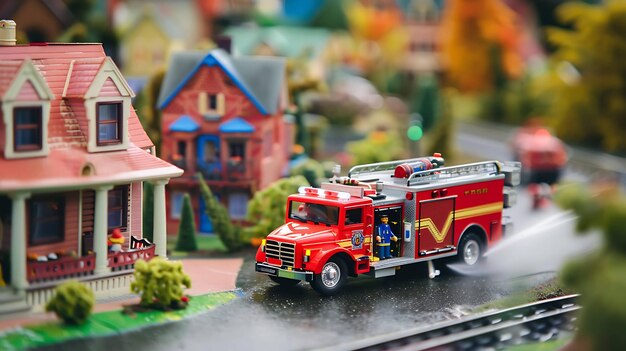 Un pequeño camión de bomberos rojo conduce por una calle en una aldea modelo El camión de bomberos está hecho de metal y tiene una manguera en el lado