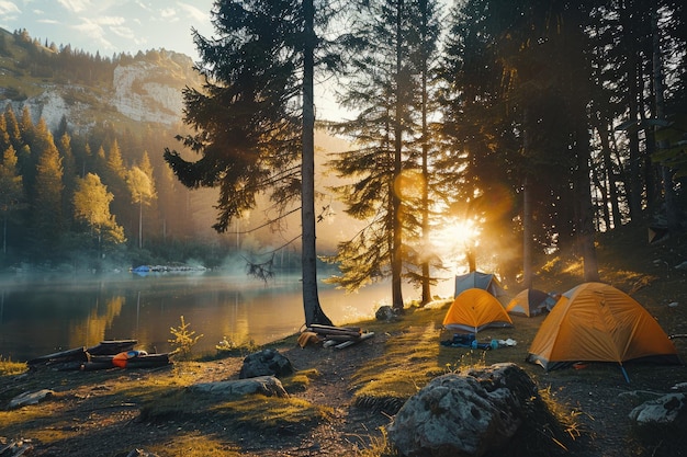 Un pequeño campamento turístico en la orilla del río