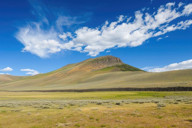 Pequeno campo de montanha dividido por firewalls contra o céu azul