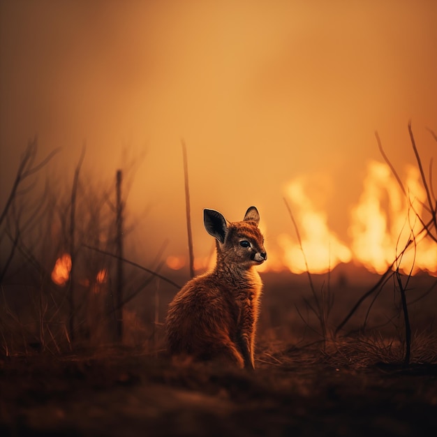 Pequeño canguro sentado en el fondo del fuego