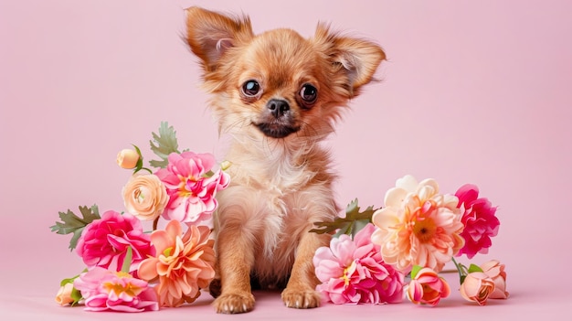 Pequeno cão chihuahua bonito segurando um buquê de flores em um fundo rosa Cartão de primavera para o Dia dos Namorados Dia das Mulheres Aniversário