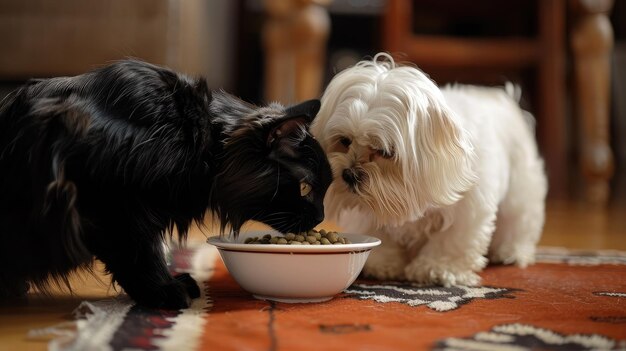 Foto pequeno cão maltês e gato preto e branco comendo comida orgânica natural de uma tigela em casa