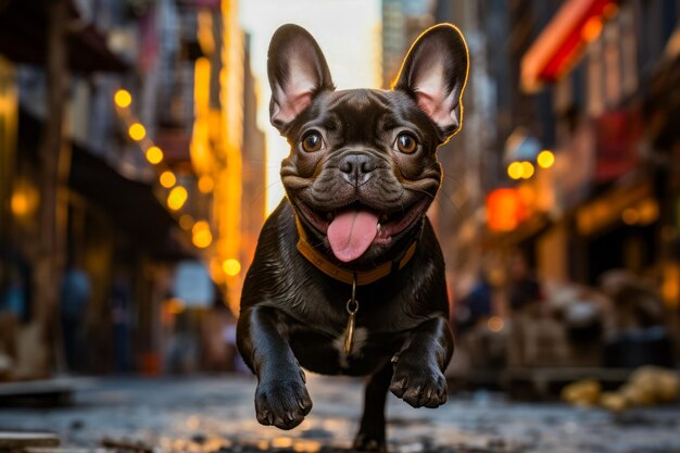 Pequeno cão preto com a língua a sair da boca.