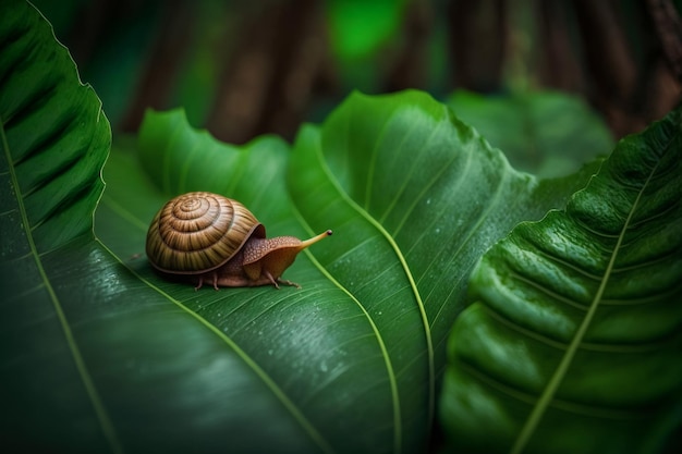 Pequeño caracol en su concha descansando en una hoja grande de Xanthosoma sagittifolium macabo malanga