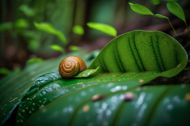 Pequeño caracol en su concha descansando en una hoja grande de Xanthosoma sagittifolium macabo malanga