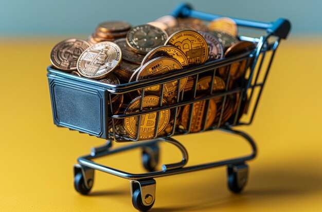 Pequeño carrito de compras lleno de monedas en fondo amarillo concepto de tasa de inflación