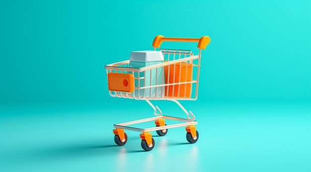 Foto pequeño carrito de compras de supermercado para juguetes de compras con ruedas y elementos de plástico rosado en amarillo