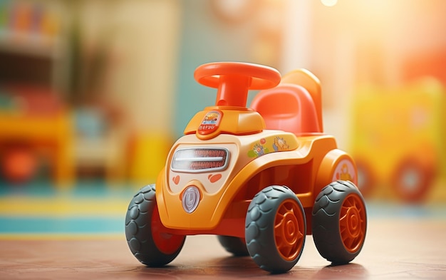 Pequeno carro de brinquedo laranja dirigindo em uma superfície de chão de madeira rústica