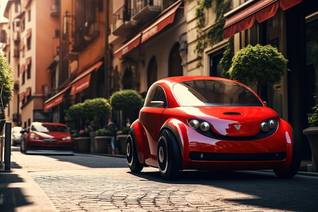 Pequeno carro vermelho na rua Mini mobilidade Veículos miniaturizados