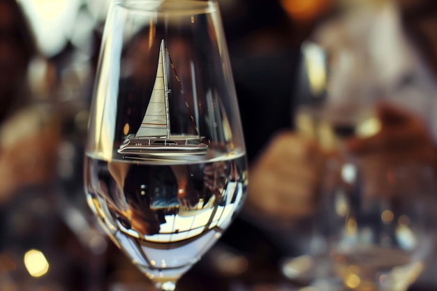 Un pequeño catamarán dentro de un vaso de vino con personas borrosas brindando detrás