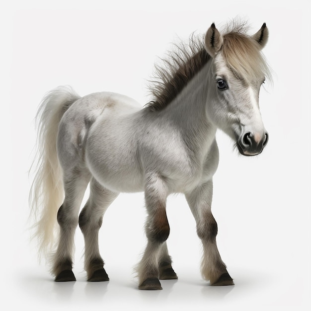 Pequeno cavalo pônei isolado em um animal de estimação fofo branco