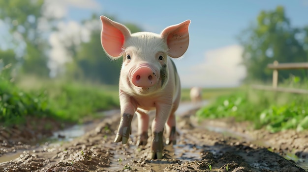 Pequeño cerdito caminando en el barro