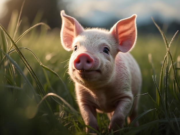 Un pequeño cerdito lindo jugando en el fondo de un campo verde.