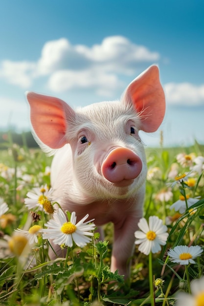 un pequeño cerdo en un campo de margaritas