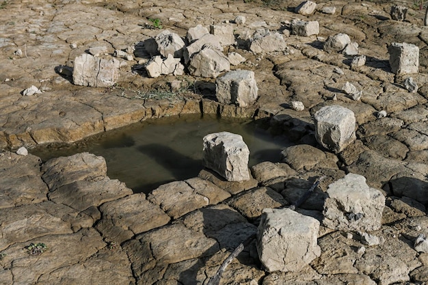 Pequeño charco de agua en un campo de tierra seca y agrietada Calentamiento global y efecto invernadero