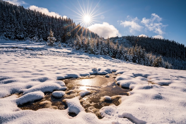 Pequeño charco de nieve blanca derretida en el cálido sol primaveral en las inusuales montañas de los Cárpatos