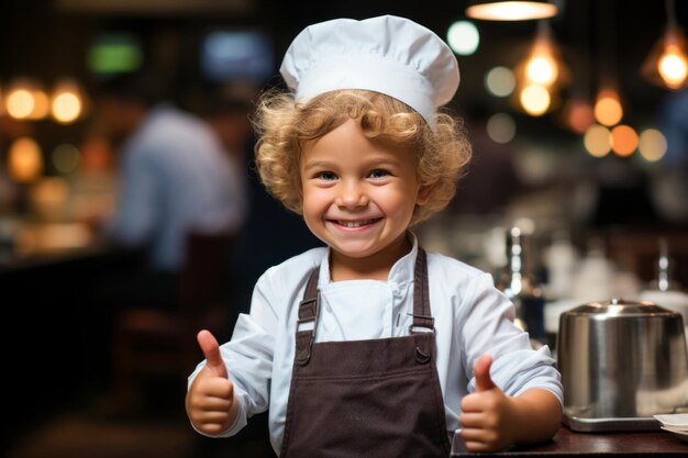 Pequeno chef fofo em upron e toque gestando polegares para cima no restaurante