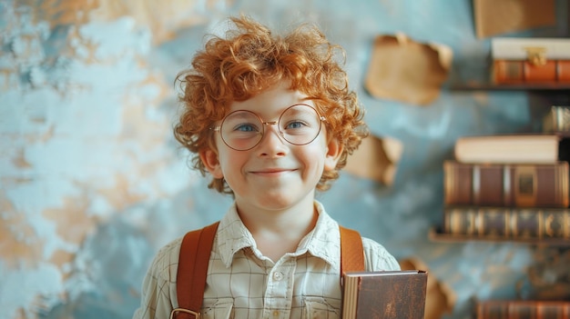 un pequeño chico pelirrojo con gafas mochilero libros se encuentra contra el fondo de la pared gris