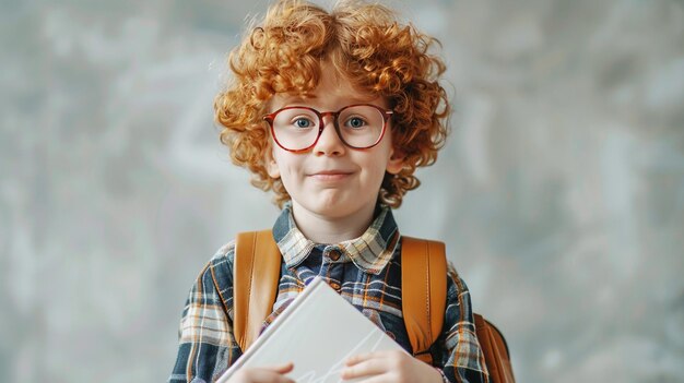 Foto un pequeño chico pelirrojo con gafas mochilero libros se encuentra contra el fondo de la pared gris