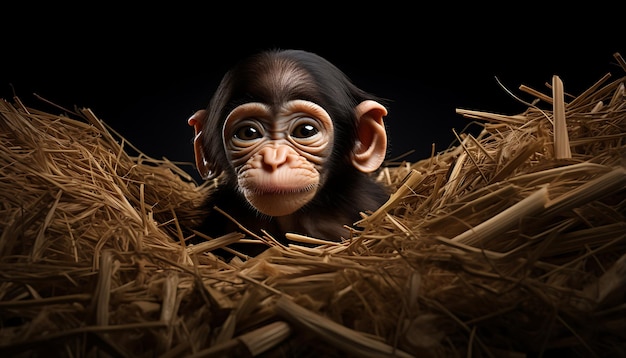 un pequeño chimpancé descansando en un lecho de heno ai generativo