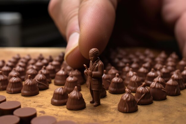 Pequeño chocolatero de juguete haciendo chocolates