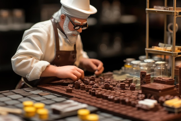 Pequeno chocolatier de brinquedo fazendo chocolates