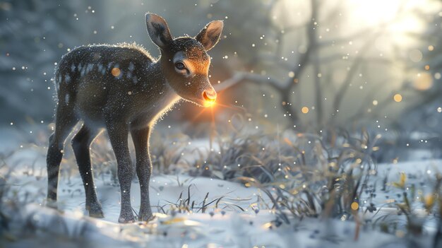 Un pequeño ciervo lindo de pie en medio del bosque nevado está mirando a la cámara con una expresión curiosa