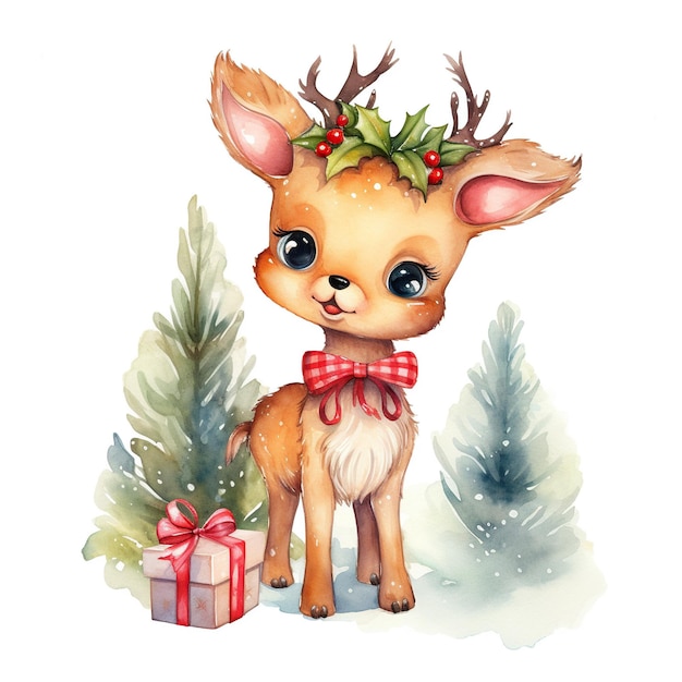 Pequeño ciervo navideño con regalos en acuarela en un hermoso estilo generado por IA