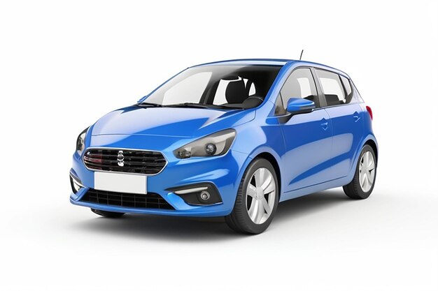 Pequeño coche familiar azul hatchback en fondo blanco renderizado en 3D