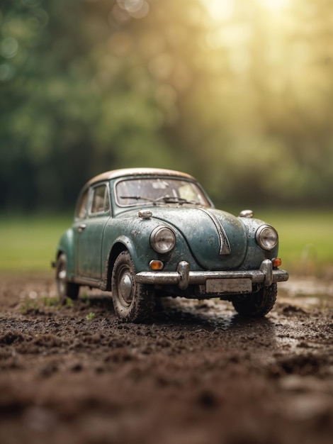 Pequeño coche retro en un terreno fangoso con fondo de naturaleza bokeh concepto automovilístico